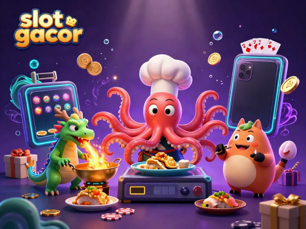 Join the slot gacor action with vibrant characters and exciting gaming elements in a festive scene.