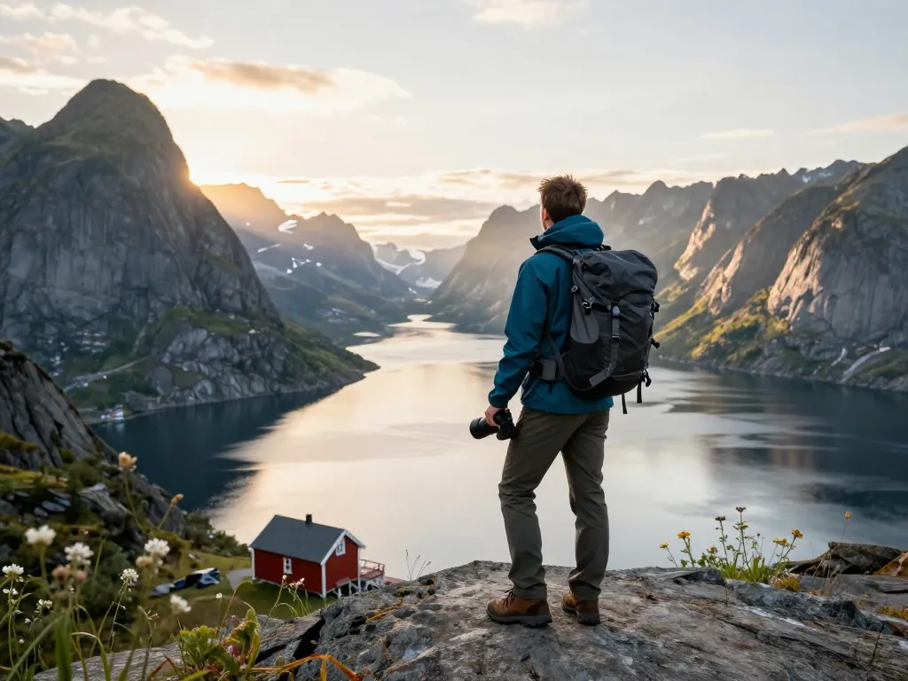 Reisetipps Skandinavien Reisender genießt atemberaubende Fjordblicke in Norwegen bei Sonnenuntergang.