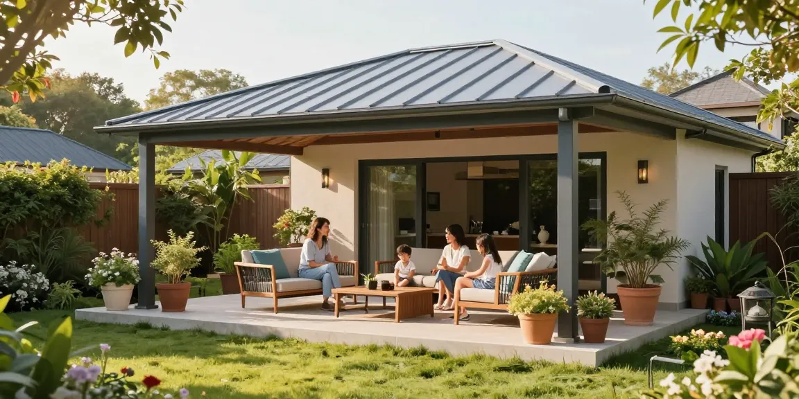 Schattenspendende freistehende Terrassenüberdachung in einem stilvollen Garten mit Familie.