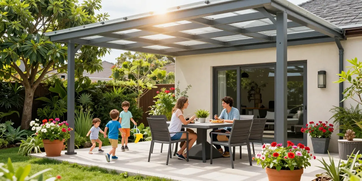 Schöne Terrassenüberdachungen aus Aluminium auf einer sonnigen Terrasse mit Familie und Gartenpflanzen.