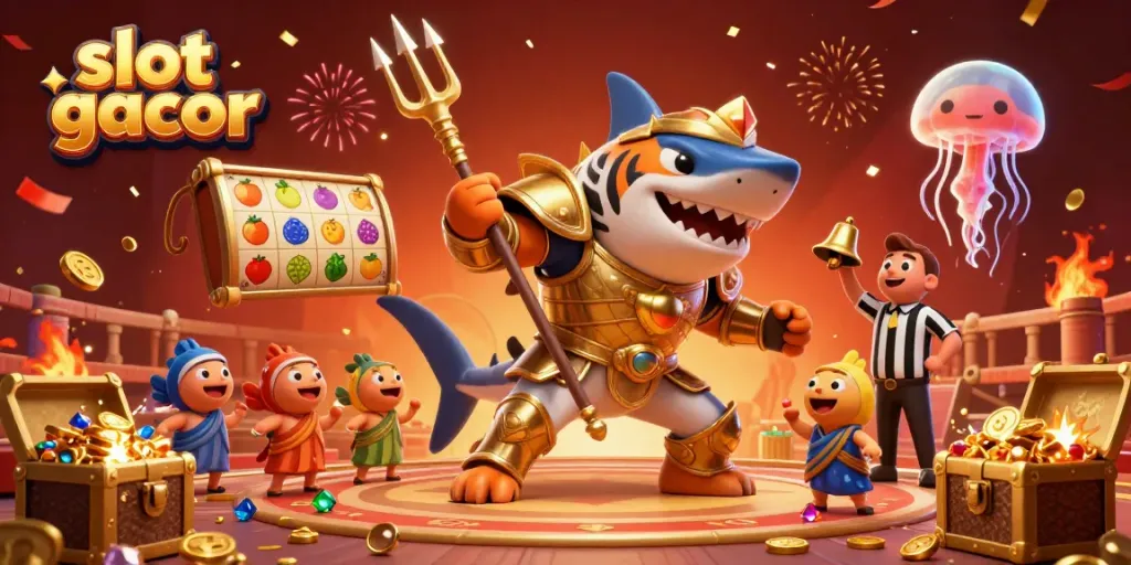 Explore the exciting underwater colosseum scene with the fierce tiger shark symbolizing slot gacor, surrounded by treasures and festive elements.