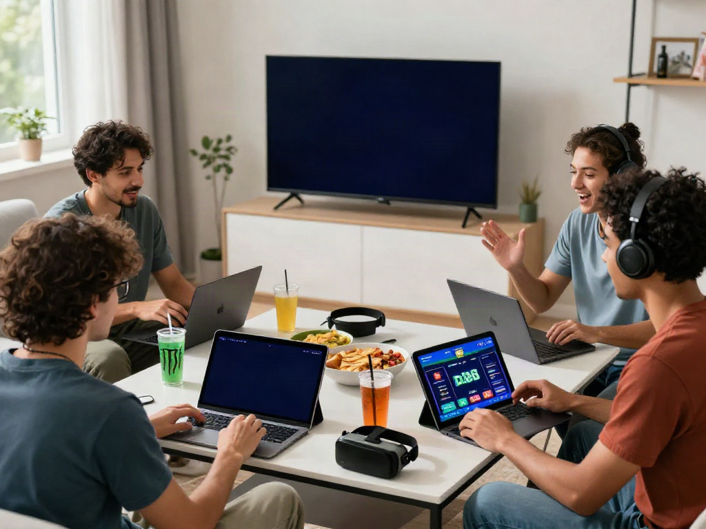 Friends enjoying DA88 online gambling experience in a cozy living room.