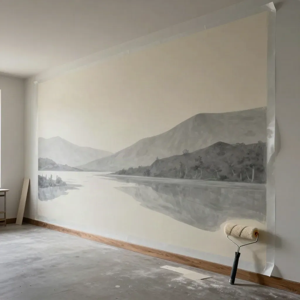 Großes Wandbildkonzept an hoher Studiowand mit Folie, Farbwalze und ruhigem Werkstattlicht.