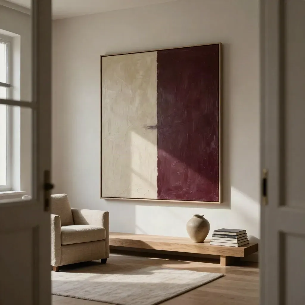 Großes Originalbild an Kalkwand mit Leinenstuhl, Keramik und Büchern im hellen Altbau.