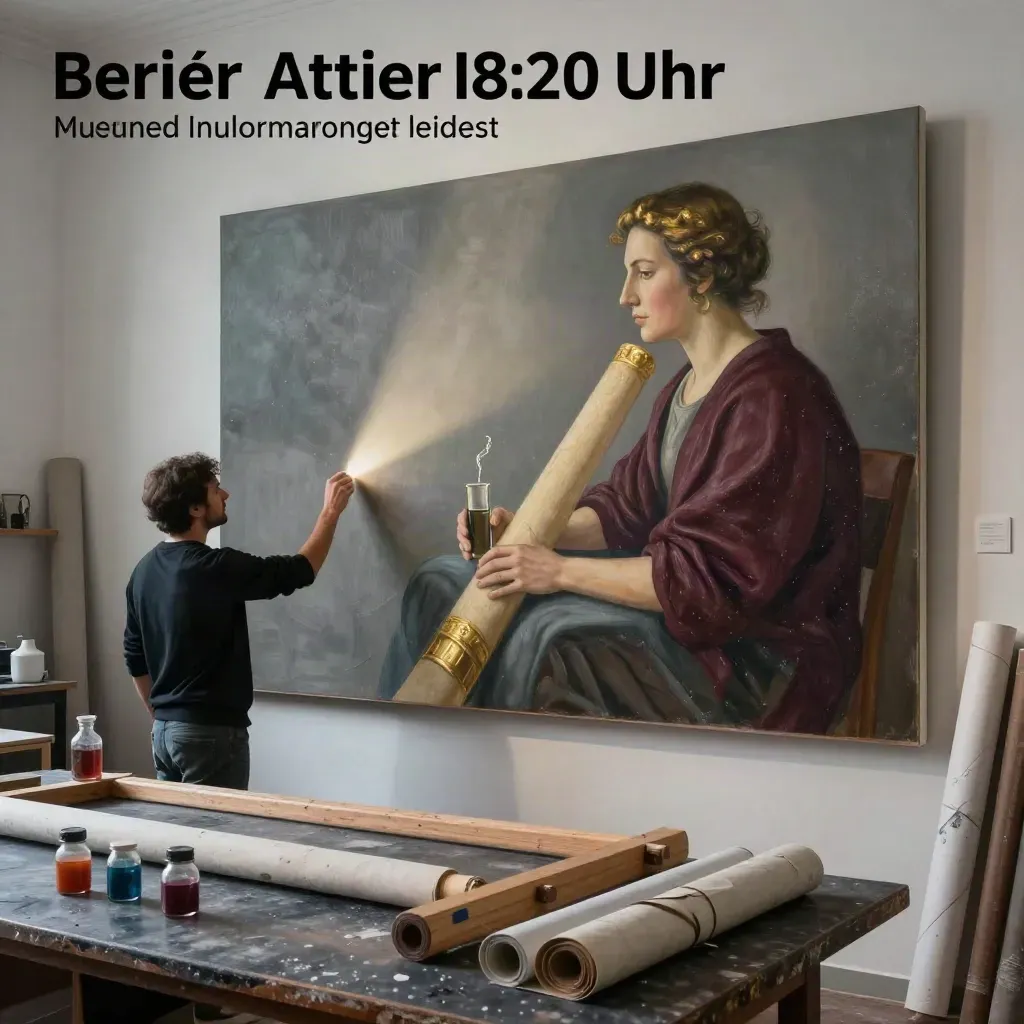 Berliner Atelier mit großer Leinwand, Farbtöpfen und Rolllbildern im dramatischen Licht.