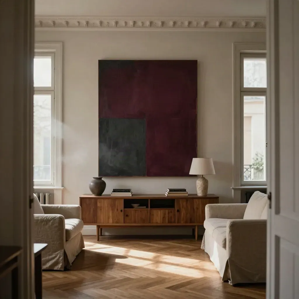 Altbauwohnzimmer mit großem Bordeaux-Kunstwerk, Stuck, Fischgrätboden und warmem Nachmittagslicht.
