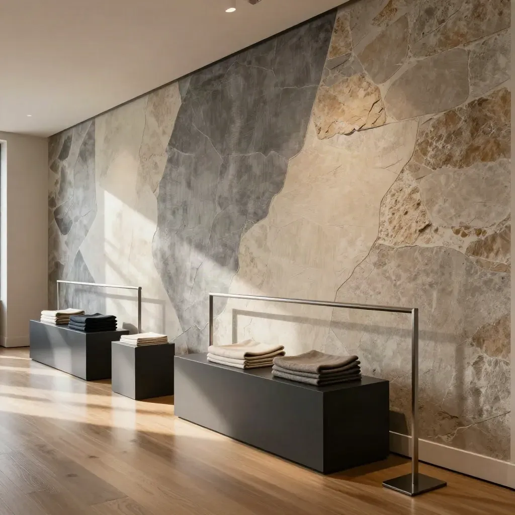 Fertige Store-Wand mit Wandbild, Podesten und Textilware in warmem Ladenlicht