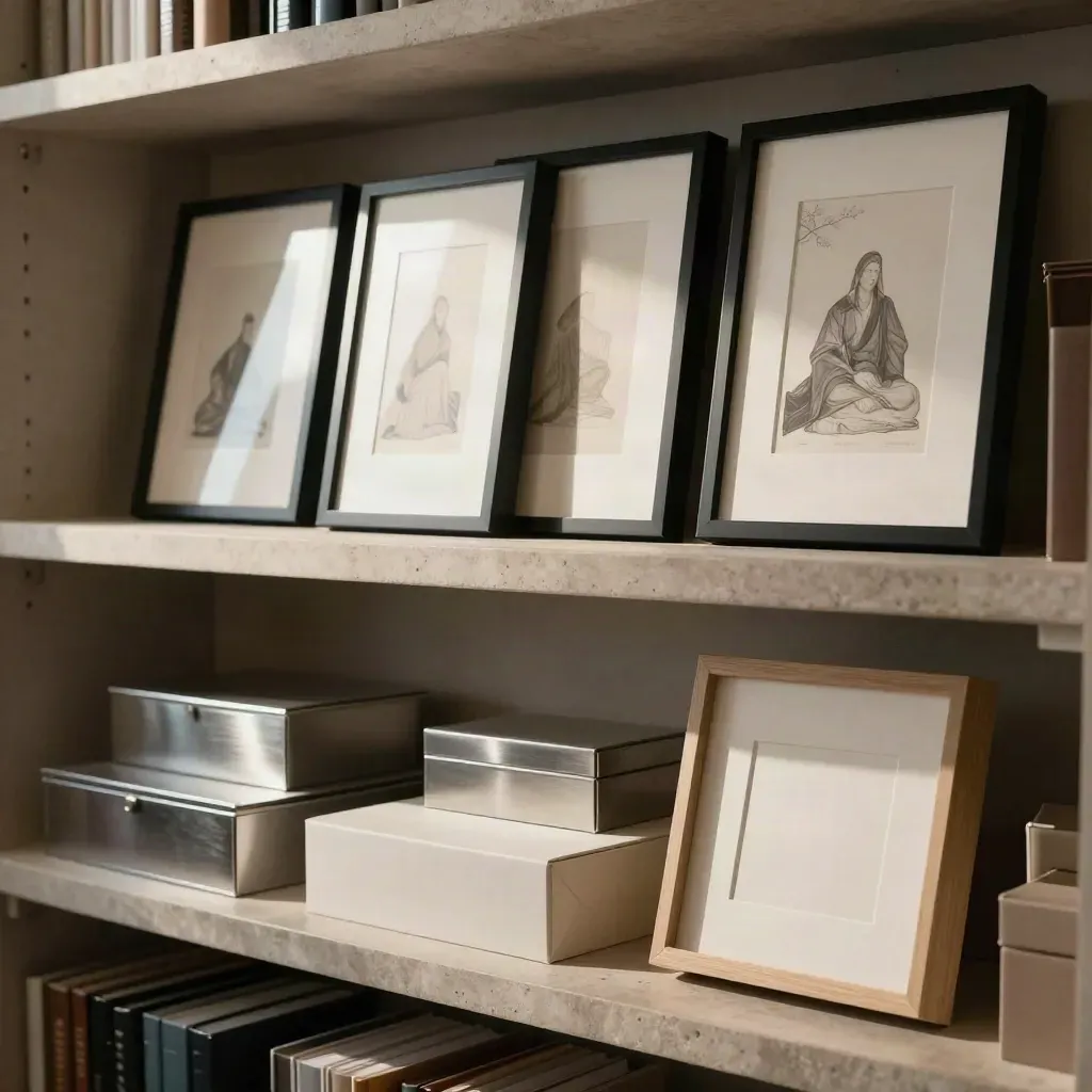 Vier gerahmte Illustrationen in einer Designbibliothek mit Boxen und Archivschachteln