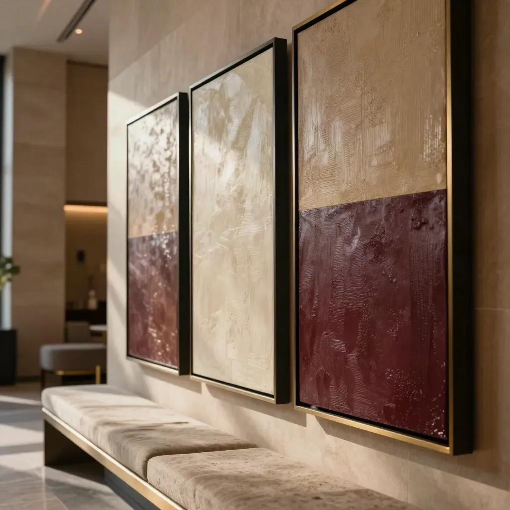 Hotel-Foyer mit drei großen Kunstwerken über einer ruhigen Sitznische in warmem Stein und Messing.