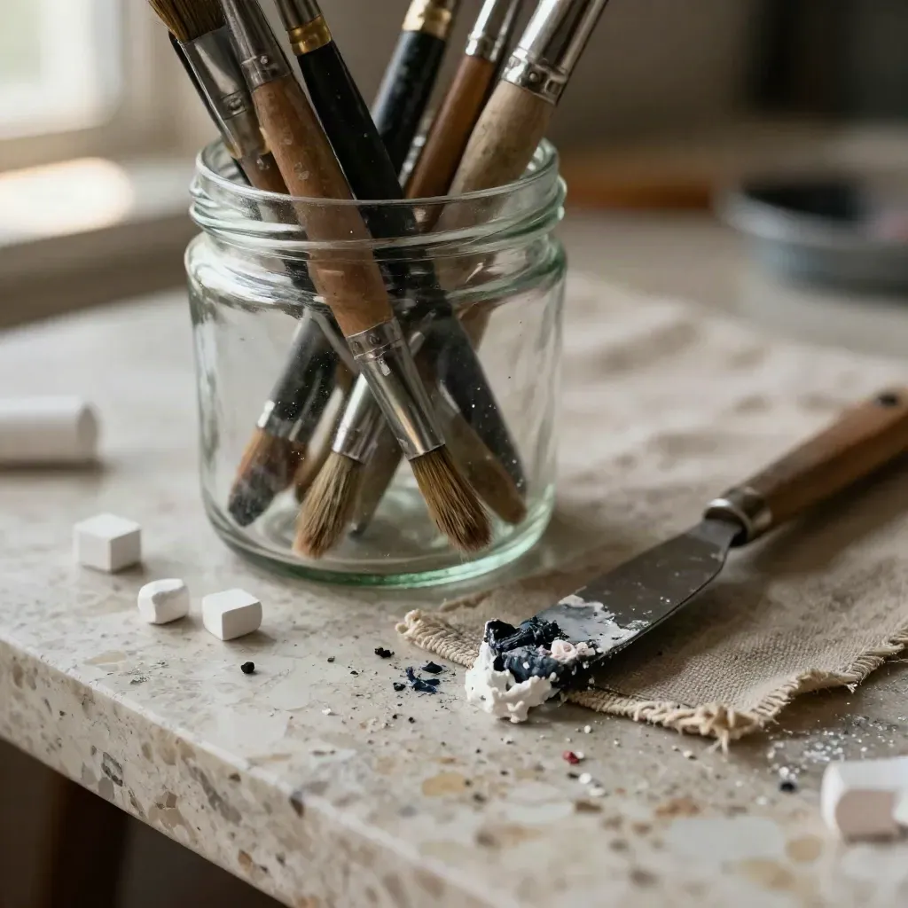 Glasdose mit pinsel, Kreidestücken und Farbresten auf Leinen.