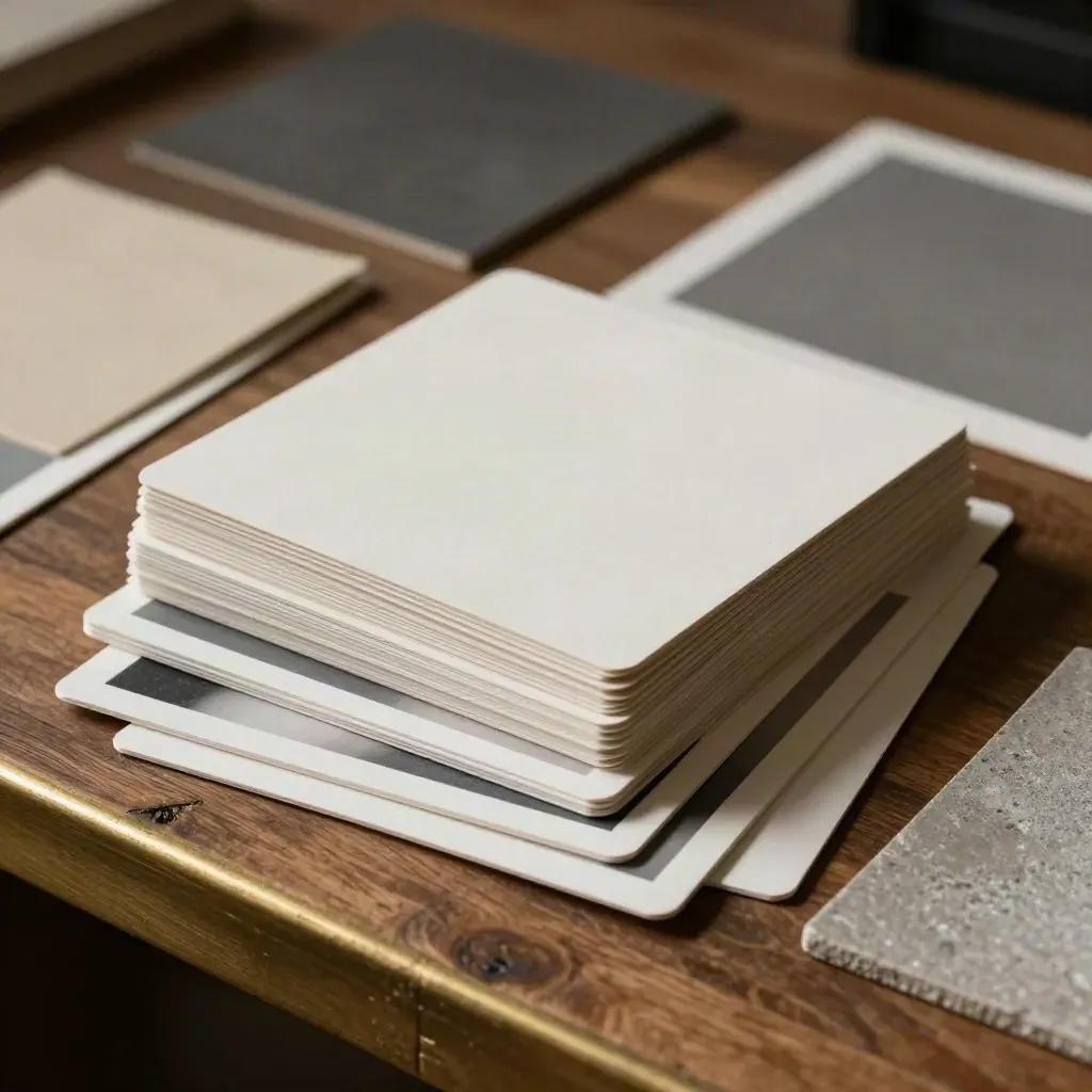 Gestapelte Layoutkarten, Mockup-Boards und Materialproben im dramatischen Studiolicht