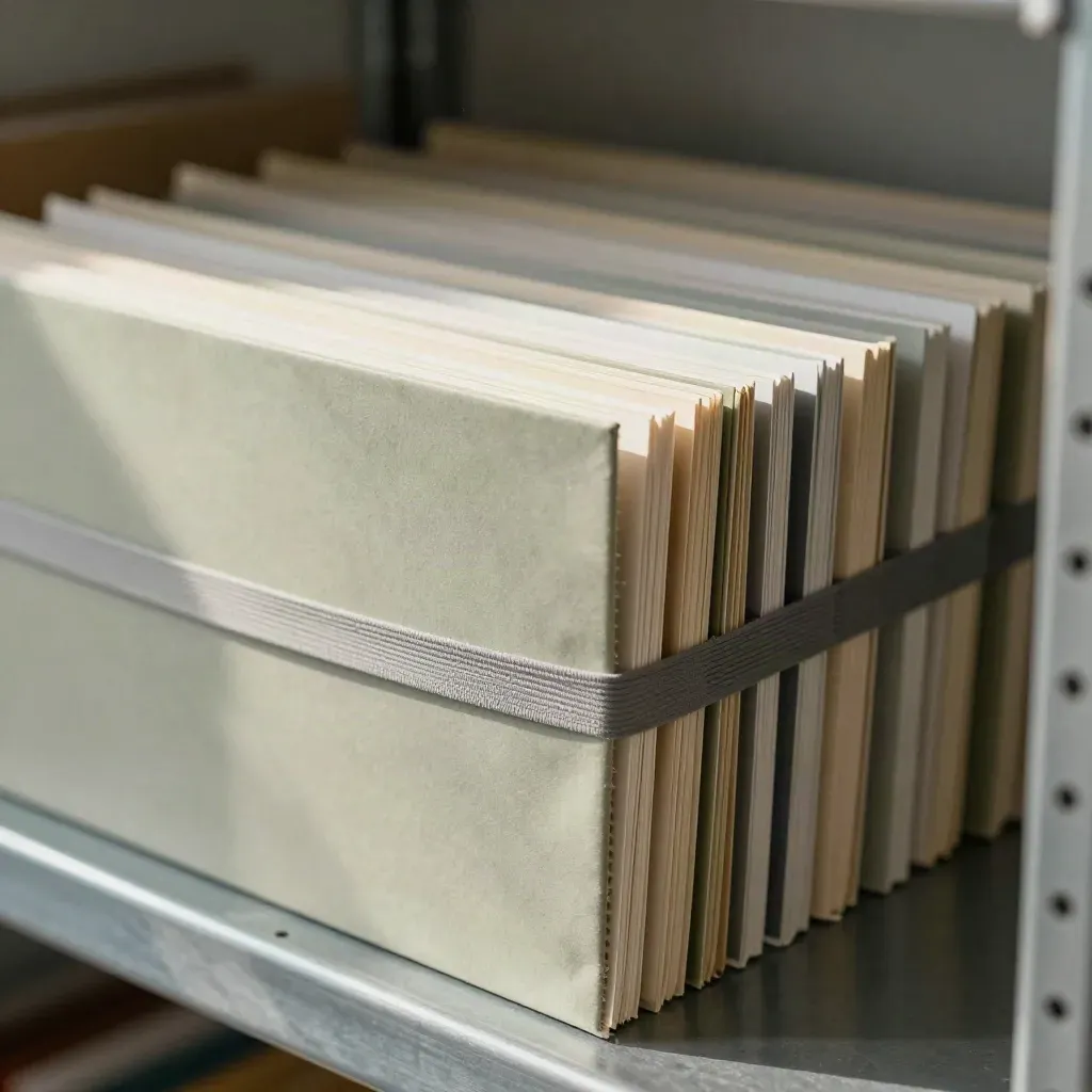 Geordnete Projektmappen, Archivschuber und Probenkarten auf einem Archivregeal in hellem Licht.