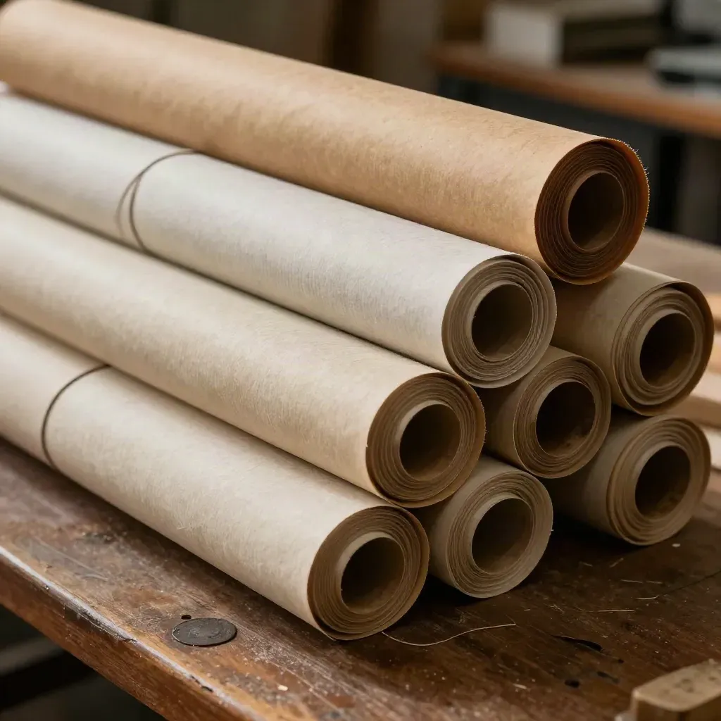 Leinwandrollen, Packpapier und Holzleisten als Versandstapel auf einer Werkbank im Atelier.