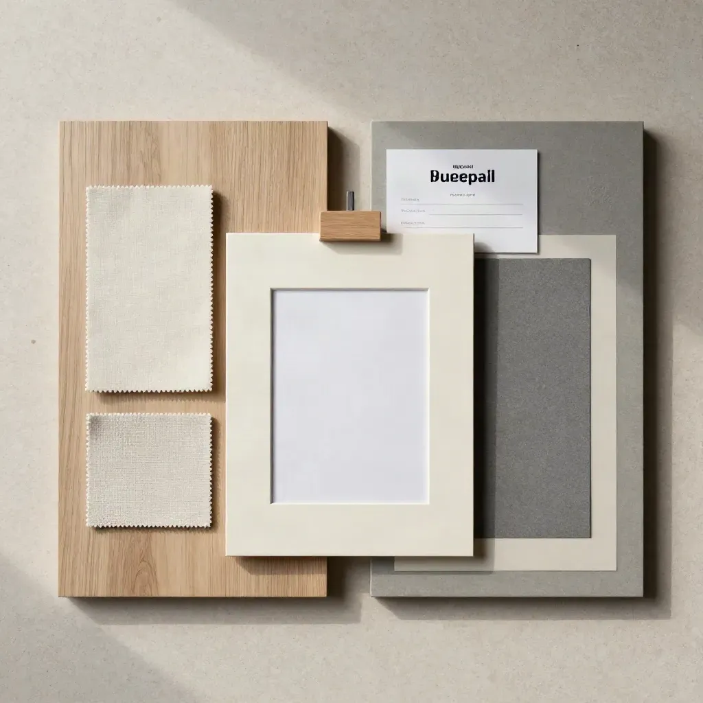 Übersichtliche Freigabe-Flatlay mit Musterboards, Rahmen und Abstandskeil auf hellem Stein.
