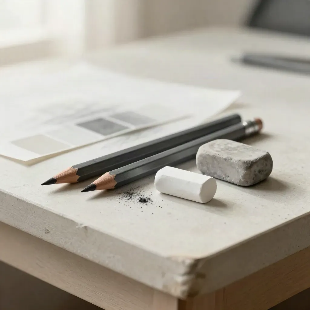Graphitstifte, Kreide und Transparentpapier auf hellem Tisch im sanften Seitenlicht.