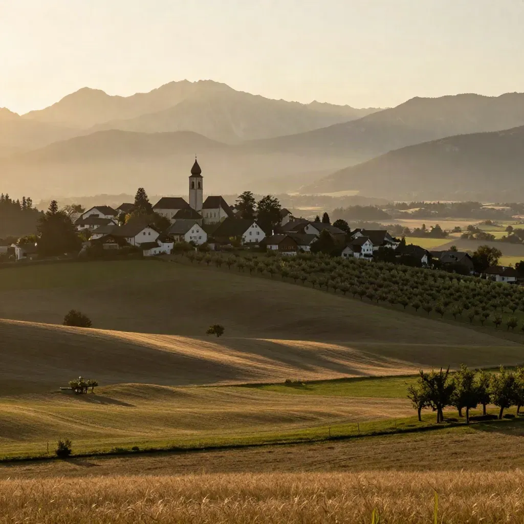 Süddeutsche Hügellandschaft mit Kirchturm, Feldern und weich verschwimmenden Alpen im Abendlicht
