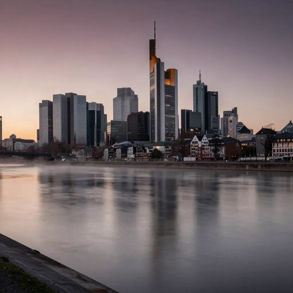 Frankfurter Skyline hoch über dem Main im Abendlicht, mit Nebel und ruhiger Wasserfläche.