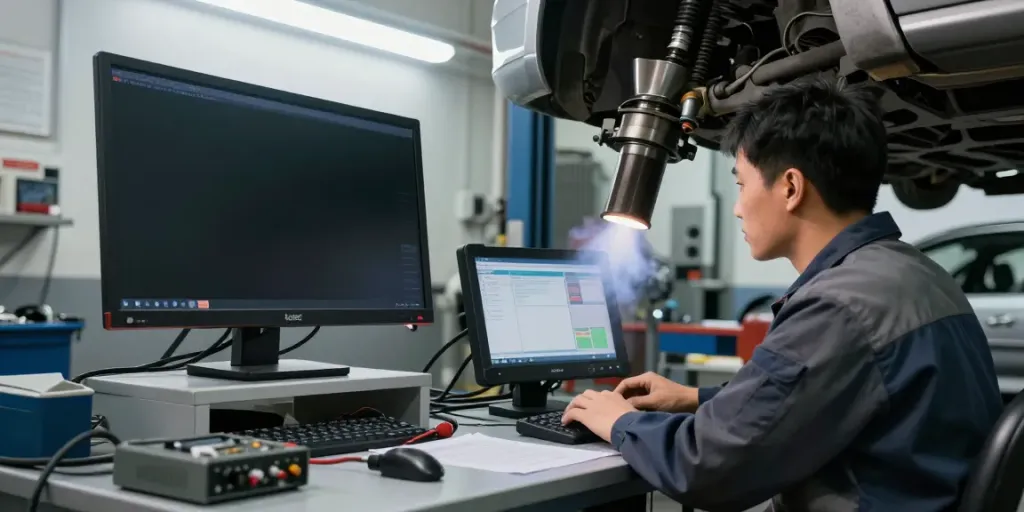 Techniker führt DPF-Regeneration an Dieselauto durch, um Abgase zu reinigen.