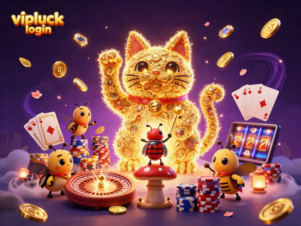 Experience vipluck login with a vibrant lucky cat, golden coins, and rich casino elements