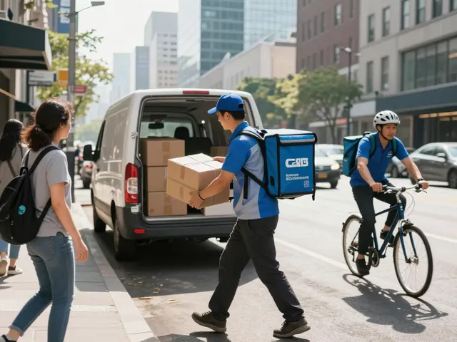 Kurierdienst in Stuttgart - schneller Pakettransport in urbaner Umgebung mit Kurierdienst und Fahrzeug.