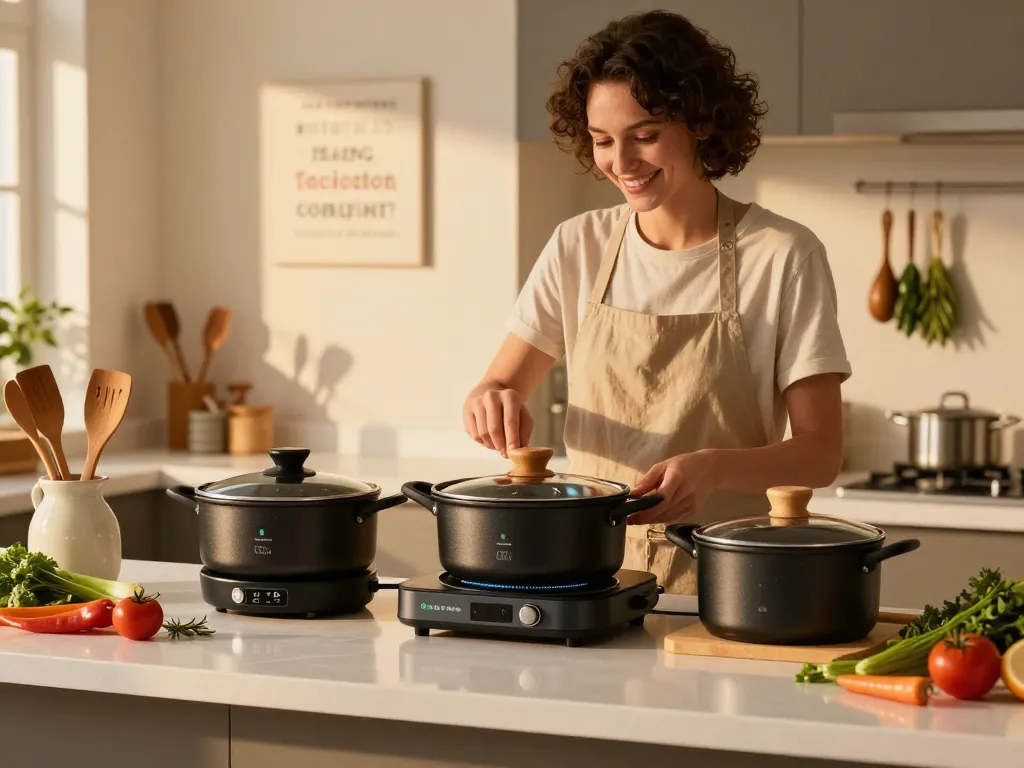 Koch mit dem besten Kochtopf für Induktion von GreenKitchen, umgeben von frischen Zutaten in einer sonnigen Küche.
