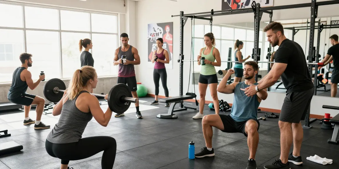 Aktive Fitness-Szene im Selliza-Shop, wo Bodybuilder trainieren und Produkte besprechen.