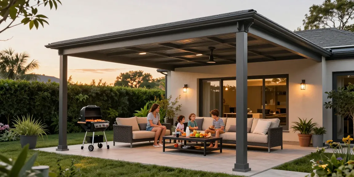 Moderne Terrassenüberdachung aus Aluminium mit Familie beim Grillen im Garten.