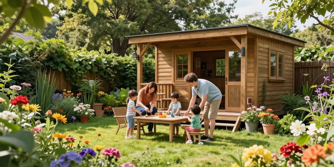 Gartenhaus kaufen: Familie genießt ihr neues Gartenhaus mit blühenden Pflanzen und entspanntem Ambiente.