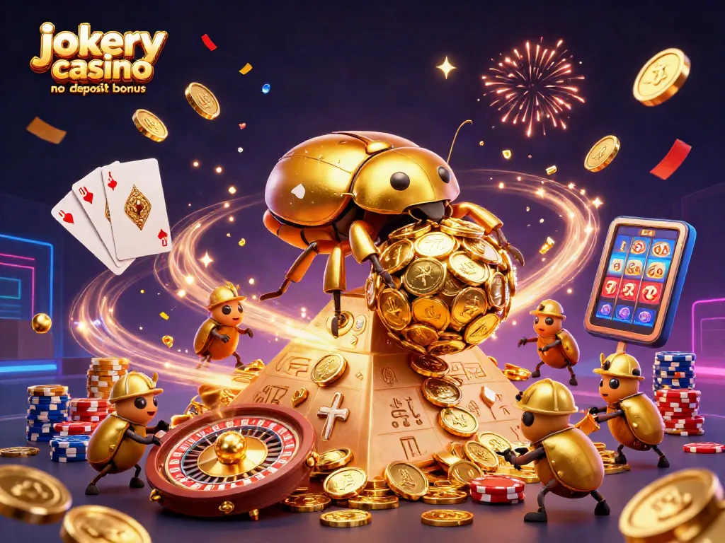Experience the fun and excitement of jokery casino no deposit bonus through cartoon beetles rolling coins and casino elements.