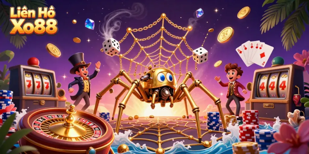 Engage with Liên Hệ Xo88: A vibrant and dynamic 3D casino scene featuring a steampunk spider and golden elements.