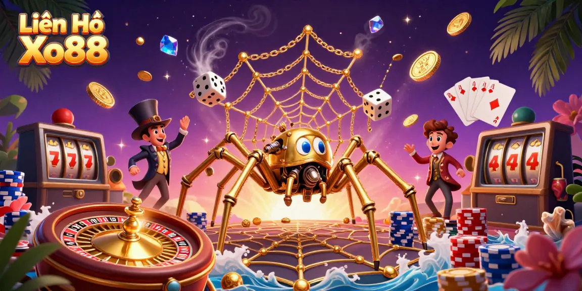 Engage with Liên Hệ Xo88: A vibrant and dynamic 3D casino scene featuring a steampunk spider and golden elements.