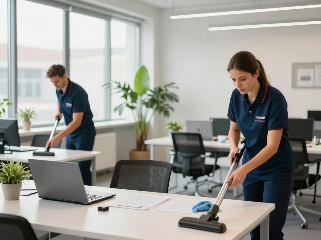 Fließende Szene, die laufende Reinigung in Münster zeigt, mit professionellen Reinigern, die eine helle Büroumgebung pflegen.