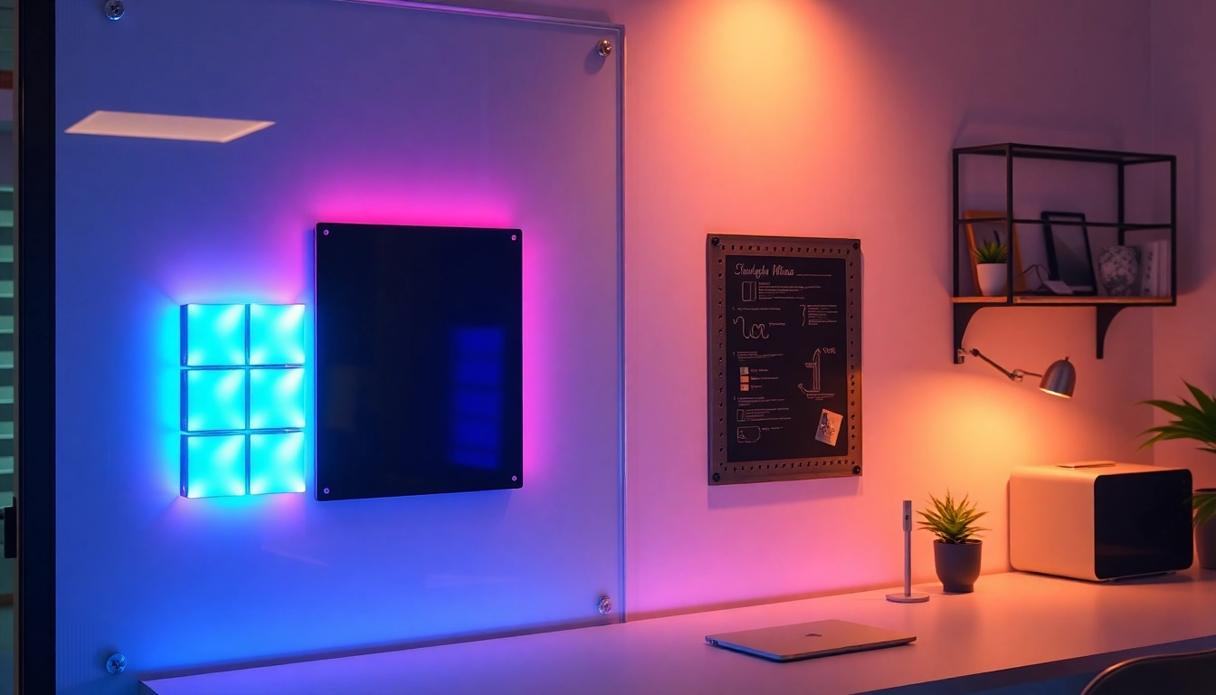 Nanoleaf Blocks Bewertung Deutsch, die lebendige RGB-Beleuchtung an einer modernen Arbeitsplatzwand zeigt