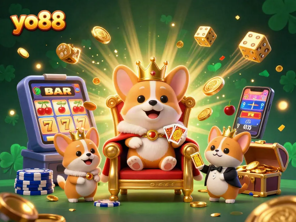 Engage in exciting gaming adventures at yo88 with a royal corgi on a throne of poker chips amidst jackpot riches.