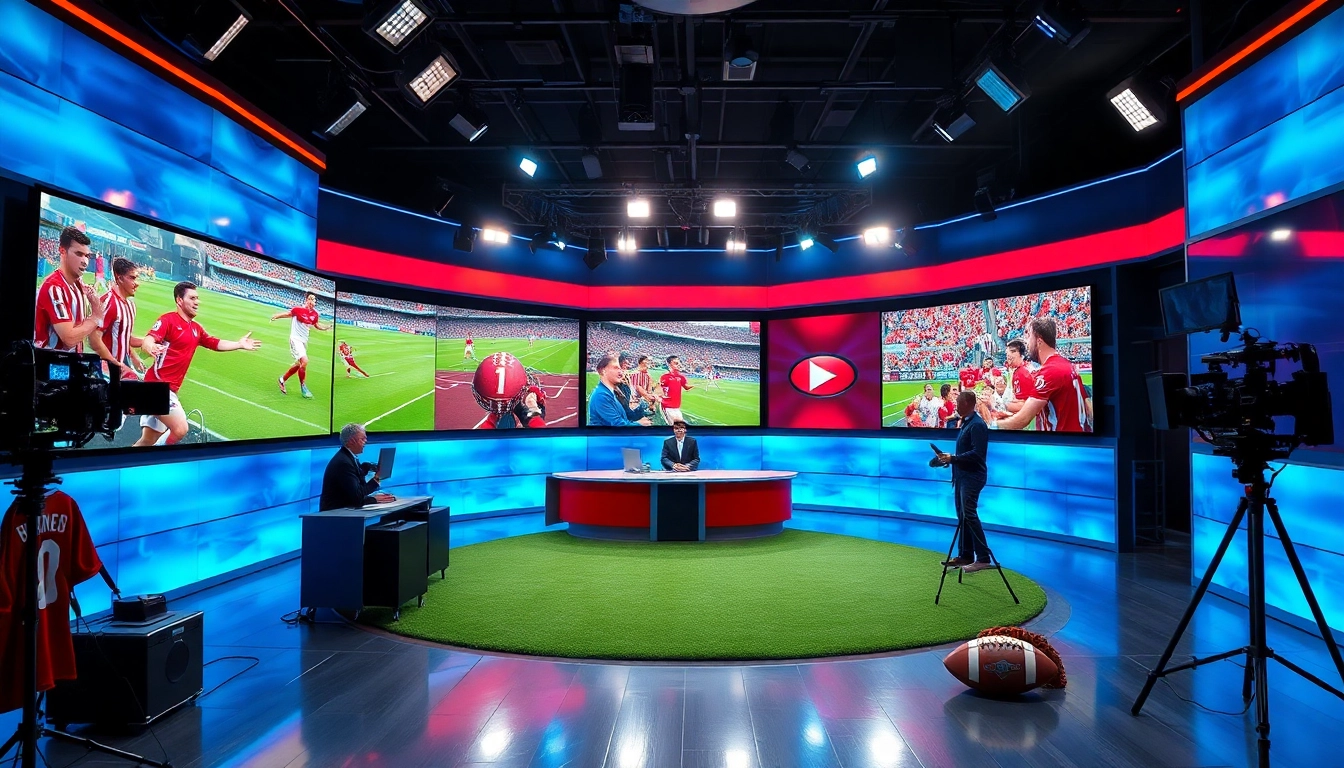 Engaging sports broadcasting studio showcasing live action and dynamic commentators.