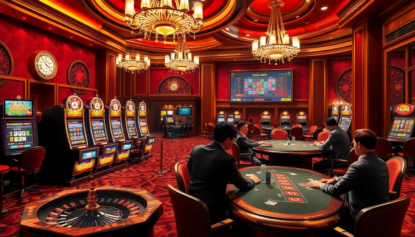 Engaging casino scene with players at poker tables and slot machines highlighting 11jili7.com.