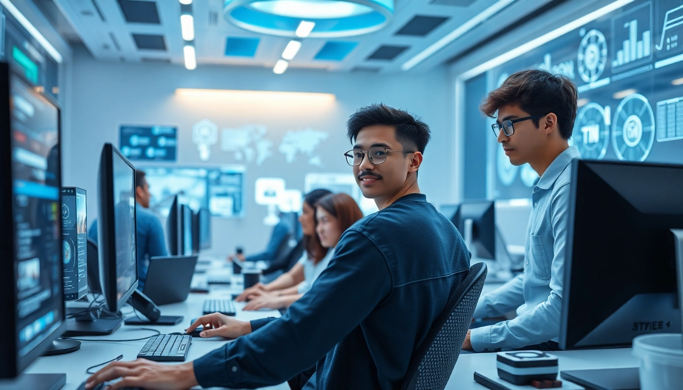 AI 18+ users engaging in innovative technology within a modern workspace.