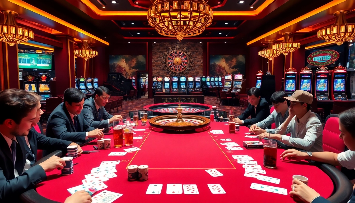 Exciting casino scene with players and cards showcasing home Jl55 gaming experience