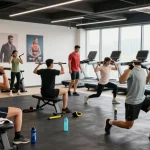 Global Pharma Steroids in einem modernen Fitnessstudio mit aktiven Sportlern beim Training.