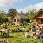 Garten Haus in malerischer Gartenlandschaft mit Familie und bunten Blumen.