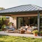 Schattenspendende freistehende Terrassenüberdachung in einem stilvollen Garten mit Familie.