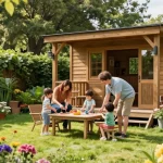 Gartenhaus kaufen: Familie genießt ihr neues Gartenhaus mit blühenden Pflanzen und entspanntem Ambiente.